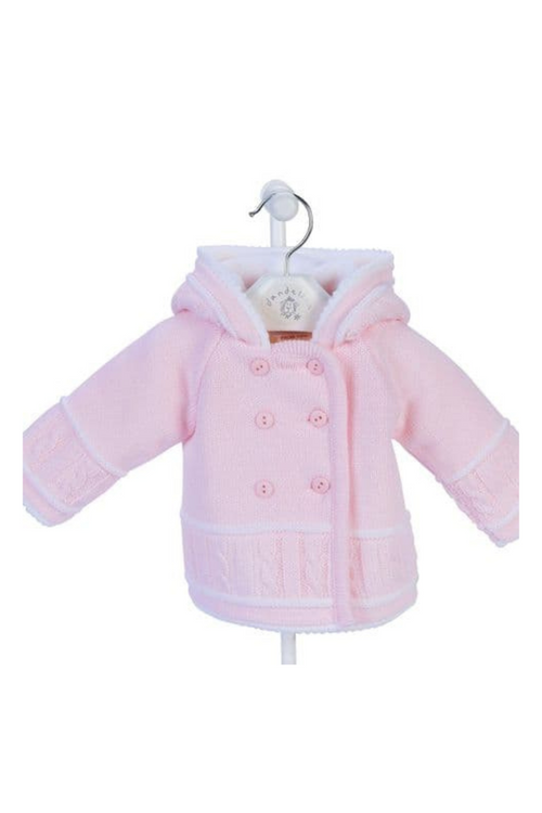 Dandelion Knitted Hooded Jacket. A long sleeve, hooded jacket with double layering in a soft pink acrylic material.