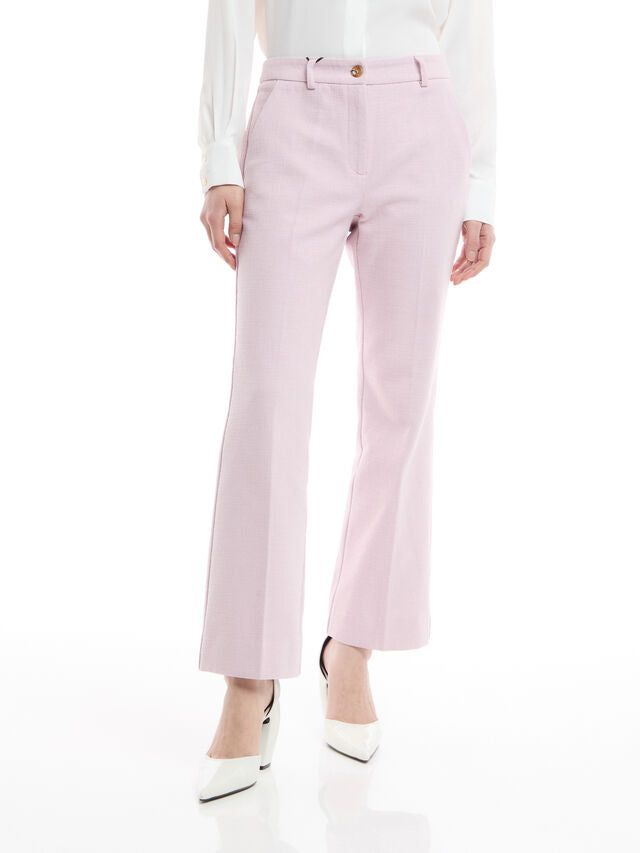 Marella Nevada Trousers. A pair of light pink slim fit, flared hem trousers with high waist and zip fastening.