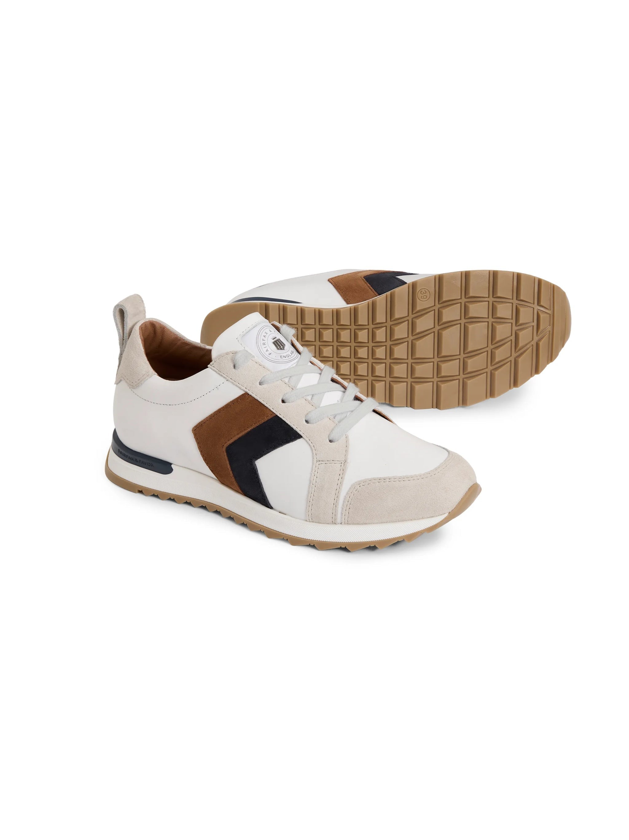 An image of the Fairfax & Favor Fairfax & Favor Xandra Trainer White Leather with Tan/Navy