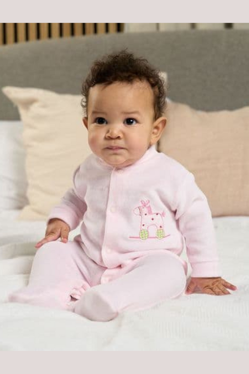 Dandelion Rocking Horse Suit. A long sleeve sleepsuit with rocking horse embroidery in the colour pink.