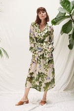 One Hundred Stars Acer Green Gown. A cosy, midi-length dressing gown with a belt tie at the waist, long sleeves, and an all-over intricate design.
