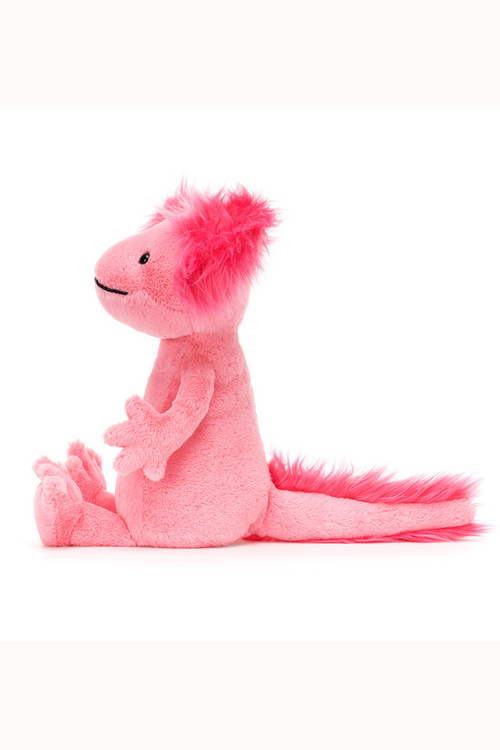 Jellycat Alex Axolotl. A soft toy axolotl with fluffy tail and ears and soft pink fur.