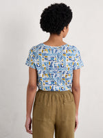 Seasalt Appletree T-Shirt. A short sleeve T-shirt with scoop neck featuring keyhole detail and all over blue/yellow print.
