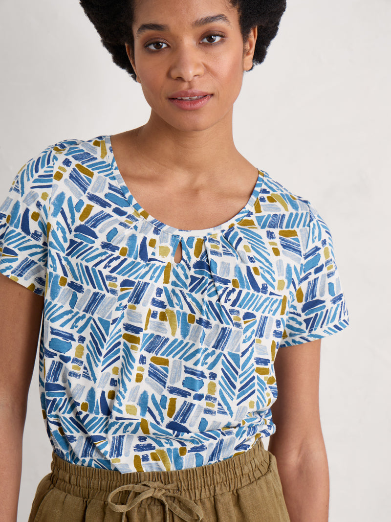 Seasalt Appletree T-Shirt. A short sleeve T-shirt with scoop neck featuring keyhole detail and all over blue/yellow print.