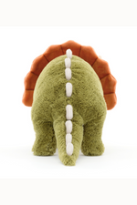 Jellycat Archie Dinosaur. A soft toy triceratops with green fur, orange frill and white spines and horns.