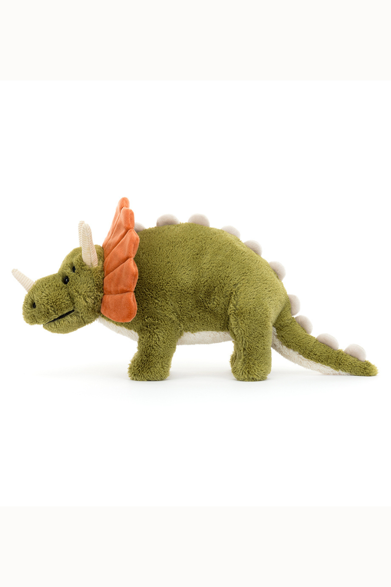 Jellycat Archie Dinosaur. A soft toy triceratops with green fur, orange frill and white spines and horns.