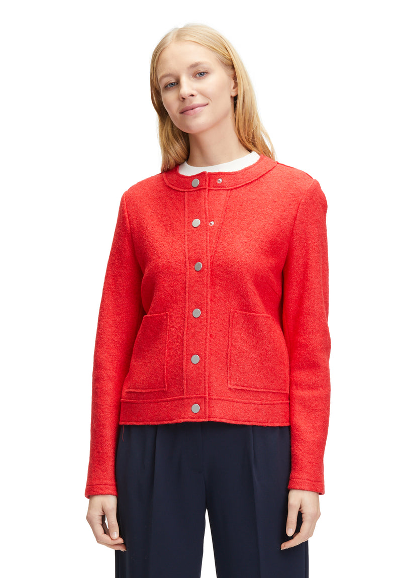 An image of the Betty Barclay Blazer in red, with long sleeves, press stud fastening and patch pockets.