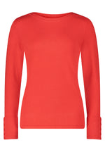 An image of the Betty Barclay Fine Knit Top in red, with long sleeves featuring a button detail.