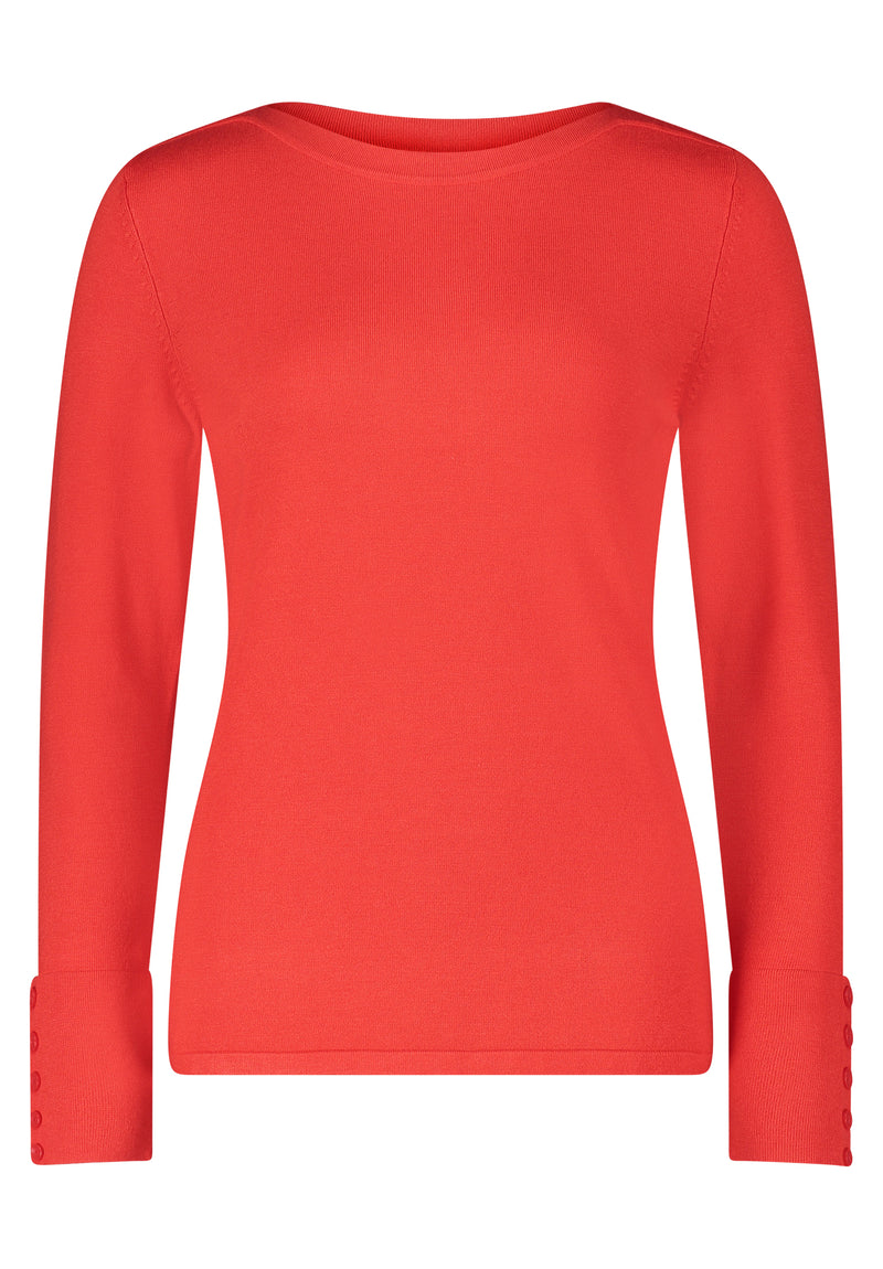 An image of the Betty Barclay Fine Knit Top in red, with long sleeves featuring a button detail.