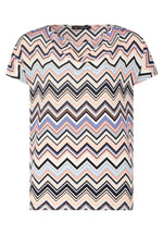 This Betty Barclay Printed Top has a figure-skimming design, dropped mid-length sleeves and a cowl neckline. It features a zig-zag pattern in multiple pastel colours including blue and pink. 