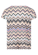 This Betty Barclay Printed Top has a figure-skimming design, dropped mid-length sleeves and a cowl neckline. It features a zig-zag pattern in multiple pastel colours including blue and pink. 