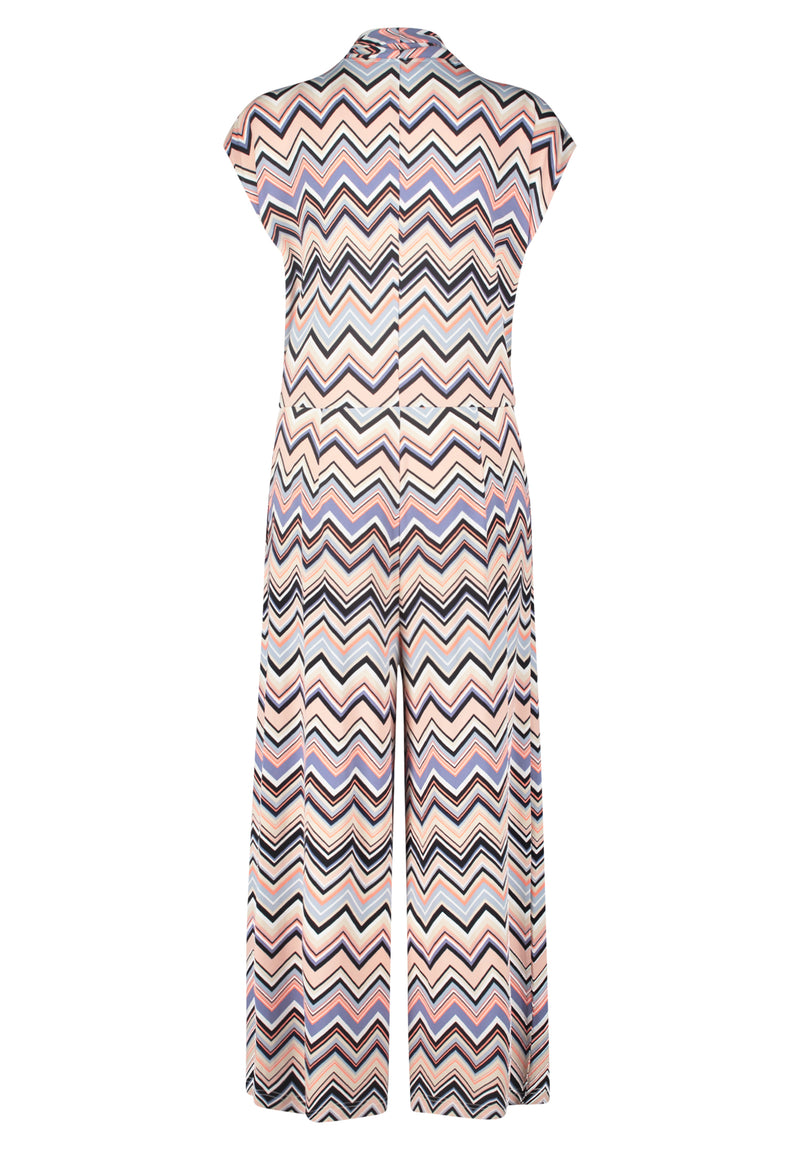 This Betty Barclay Sleeveless Jumpsuit has a figure-skimming design, drop sleeves and mid-rise waist. The jumpsuit boasts an array of pastel colours in a zig-zag pattern.