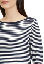 This Betty Barclay Striped Top has a bateau neckline and 3/4 length sleeves. This top is slightly fitted and has a dark blue and white striped pattern.