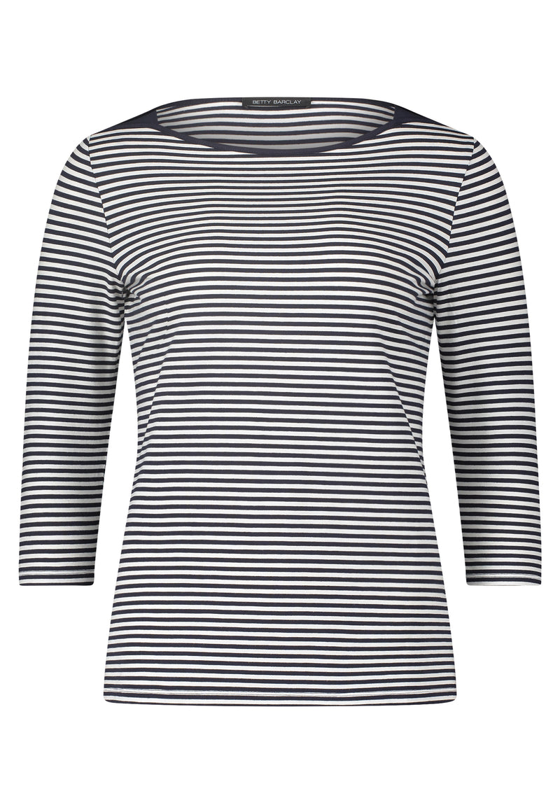 This Betty Barclay Striped Top has a bateau neckline and 3/4 length sleeves. This top is slightly fitted and has a dark blue and white striped pattern.