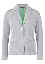 This Betty Barclay T-Shirt Blazer has a single breasted, fitted design. It has button fastenings and patch pockets. The material has a dark grey and cream jersey appearance. 