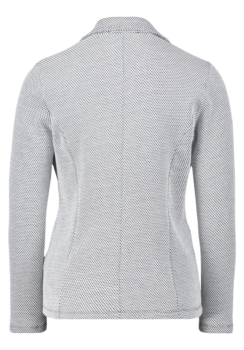 This Betty Barclay T-Shirt Blazer has a single breasted, fitted design. It has button fastenings and patch pockets. The material has a dark grey and cream jersey appearance. 