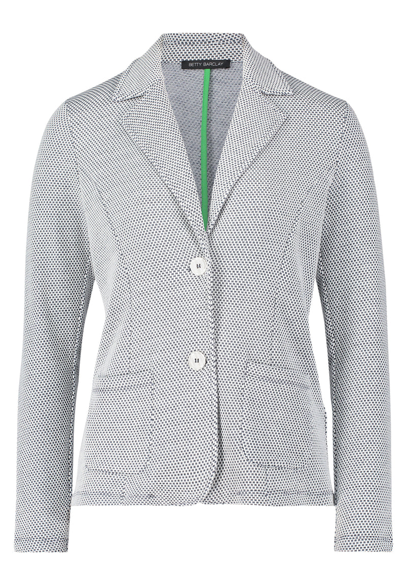 This Betty Barclay T-Shirt Blazer has a single breasted, fitted design. It has button fastenings and patch pockets. The material has a dark grey and cream jersey appearance. 