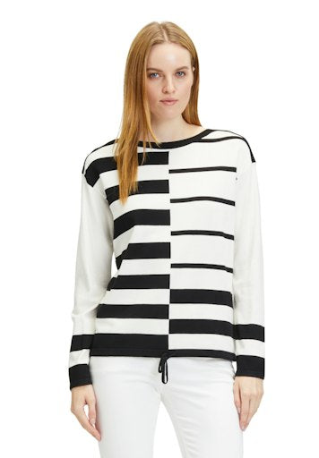 An image of the Betty Barclay Drawstring Jumper, with black and white striped print.