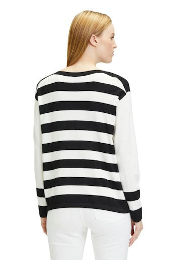 An image of the Betty Barclay Drawstring Jumper, with black and white striped print.