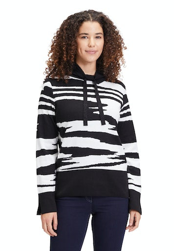 An image of the Betty Barclay Drawstring Neck Jumper, with unique black and white print.