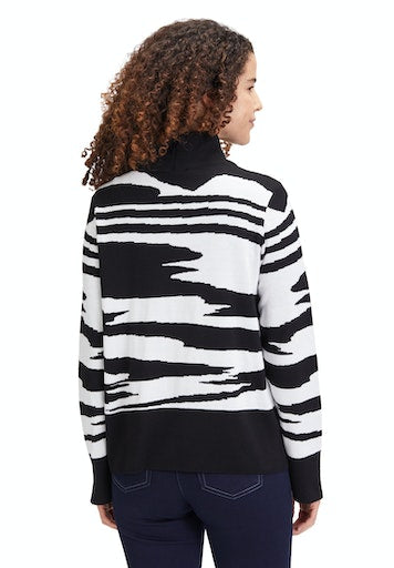 An image of the Betty Barclay Drawstring Neck Jumper, with unique black and white print.