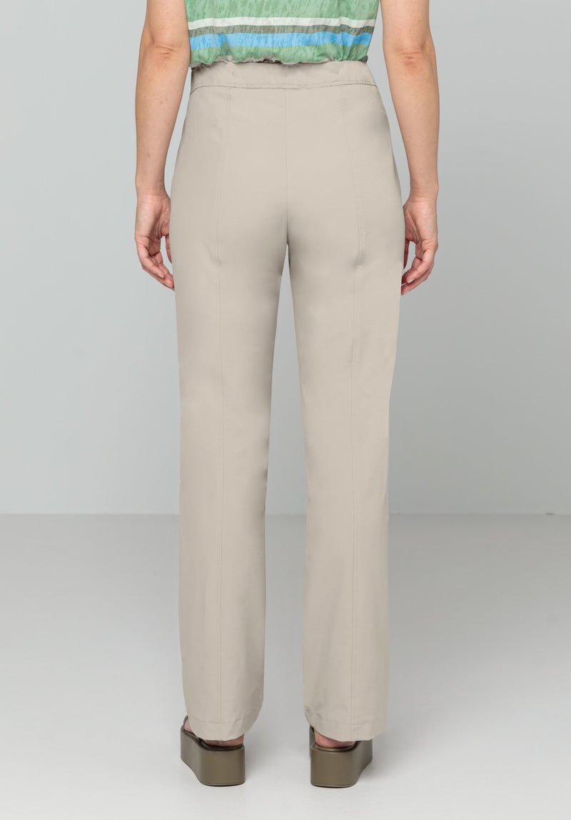 Bianca Parigi Wide Leg Trouser. These trousers are a relaxed fit with a wide leg, elasticated waist and pockets. The colour is sand.