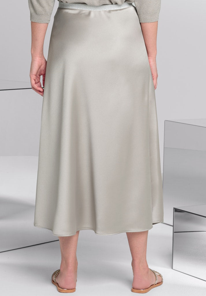 Bianca Jolene Satin Flared Skirt. A midi length skirt with elasticated waist and satin appearance in the colour stone.