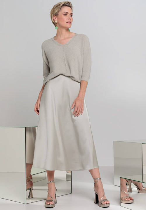 Bianca Jolene Satin Flared Skirt. A midi length skirt with elasticated waist and satin appearance in the colour stone.