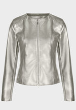 Bianca Steffi Front Zip Jacket. A tailored fit jacket with long sleeves, round neckline and zip fastening. This jacket is a metallic silver colour.