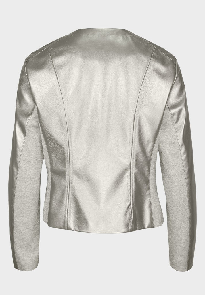 Bianca Steffi Front Zip Jacket. A tailored fit jacket with long sleeves, round neckline and zip fastening. This jacket is a metallic silver colour.