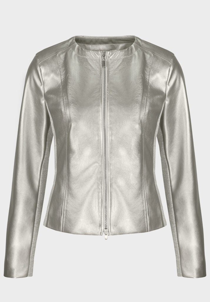 Bianca Steffi Front Zip Jacket. A tailored fit jacket with long sleeves, round neckline and zip fastening. This jacket is a metallic silver colour.