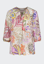 Bianca Alena Balloon Sleeve Blouse. A regular fit blouse with 3/4 length sleeves, V-neck and multicoloured floral print.