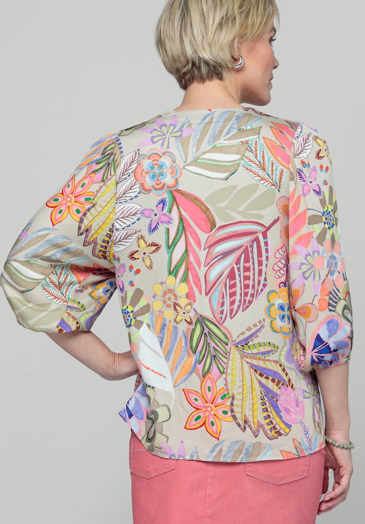 Bianca Alena Balloon Sleeve Blouse. A regular fit blouse with 3/4 length sleeves, V-neck and multicoloured floral print.