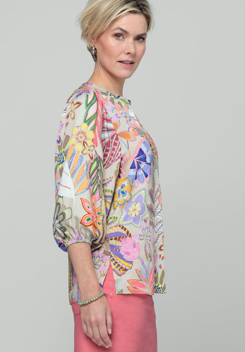 Bianca Alena Balloon Sleeve Blouse. A regular fit blouse with 3/4 length sleeves, V-neck and multicoloured floral print.
