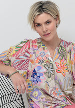 Bianca Alena Balloon Sleeve Blouse. A regular fit blouse with 3/4 length sleeves, V-neck and multicoloured floral print.