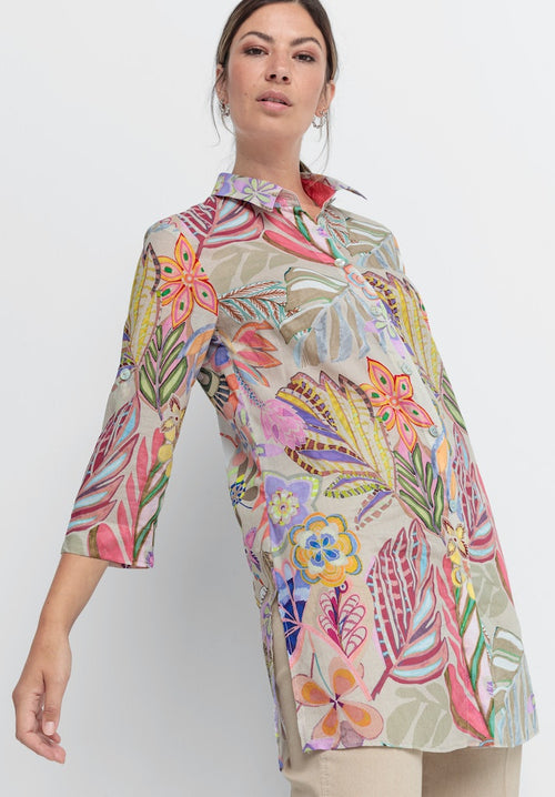 Bianca Diara Patterned Tunic Shirt. A regular fit shirt with adjustable sleeves, collared neckline and button fastenings. Features a multicoloured floral print.