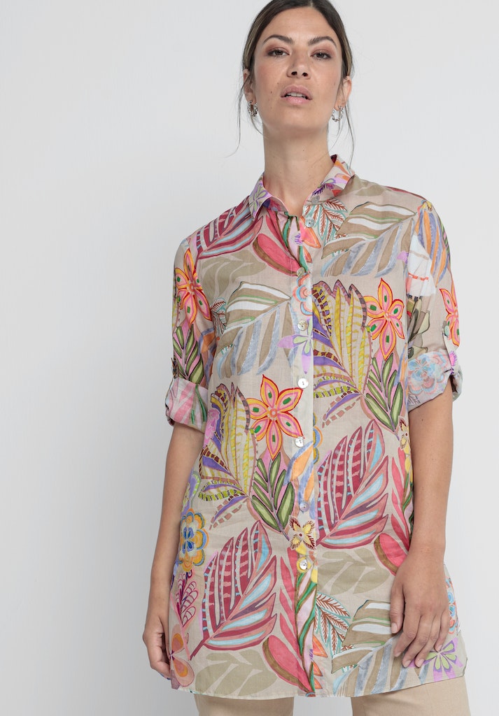 Bianca Diara Patterned Tunic Shirt. A regular fit shirt with adjustable sleeves, collared neckline and button fastenings. Features a multicoloured floral print.