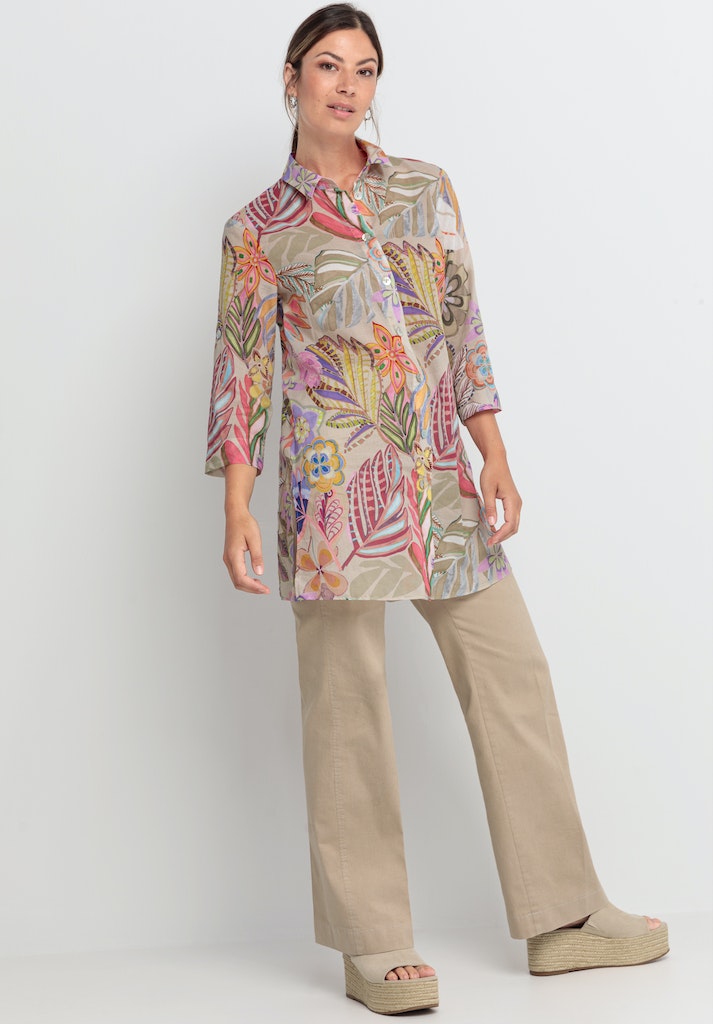 Bianca Diara Patterned Tunic Shirt. A regular fit shirt with adjustable sleeves, collared neckline and button fastenings. Features a multicoloured floral print.