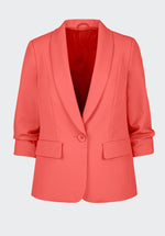 Bianca Filis Blazer.  A regular fit blazer with 3/4 length sleeves, V-neck and single button fastening. This blazer has faux pockets and the colour is a vibrant coral shade.
