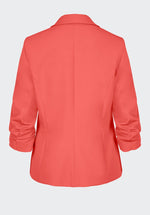 Bianca Filis Blazer.  A regular fit blazer with 3/4 length sleeves, V-neck and single button fastening. This blazer has faux pockets and the colour is a vibrant coral shade.