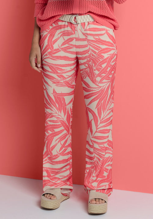 Bianca Parigi Pull On Trouser. A relaxed fit, straight leg trouser with belt loops and pink leaf print. Pull-on style.