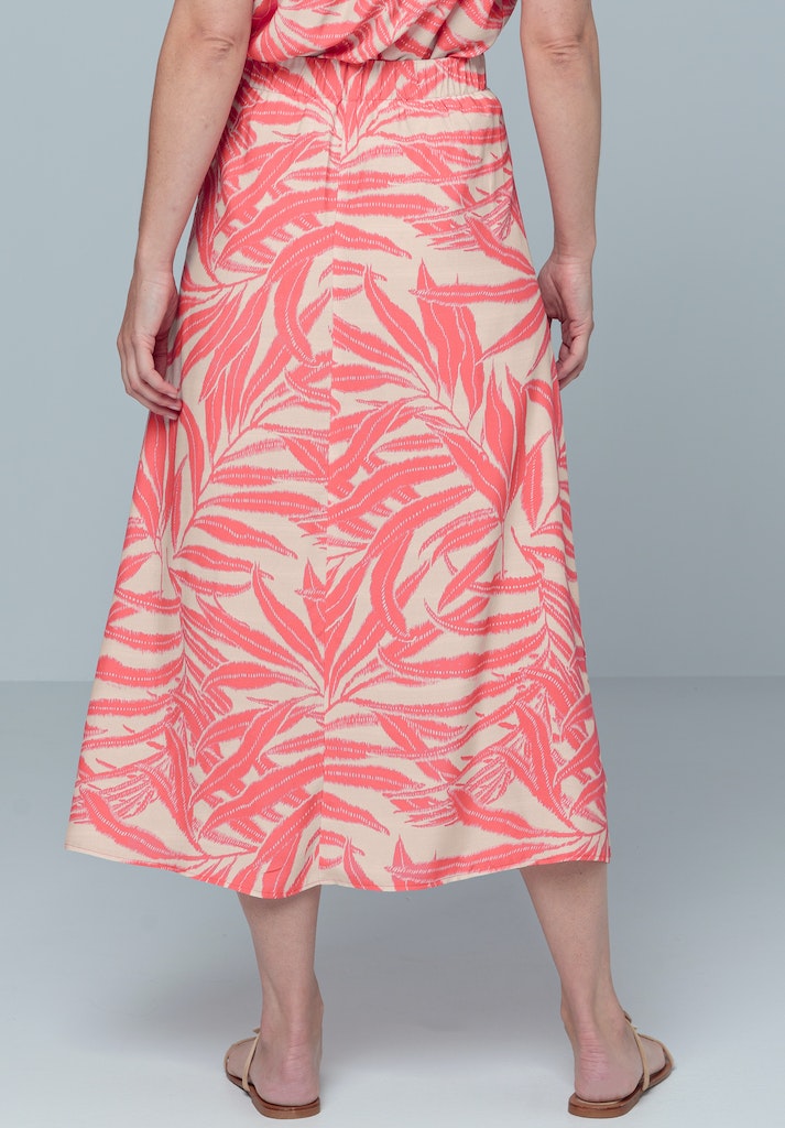 Bianca Emma Flared Skirt. A loose fitting midi skirt with elasticated waist, split hem and vibrant pink leaf print.