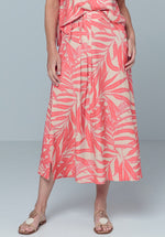 Bianca Emma Flared Skirt. A loose fitting midi skirt with elasticated waist, split hem and vibrant pink leaf print.