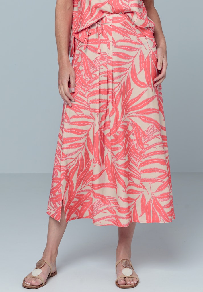 Bianca Emma Flared Skirt. A loose fitting midi skirt with elasticated waist, split hem and vibrant pink leaf print.