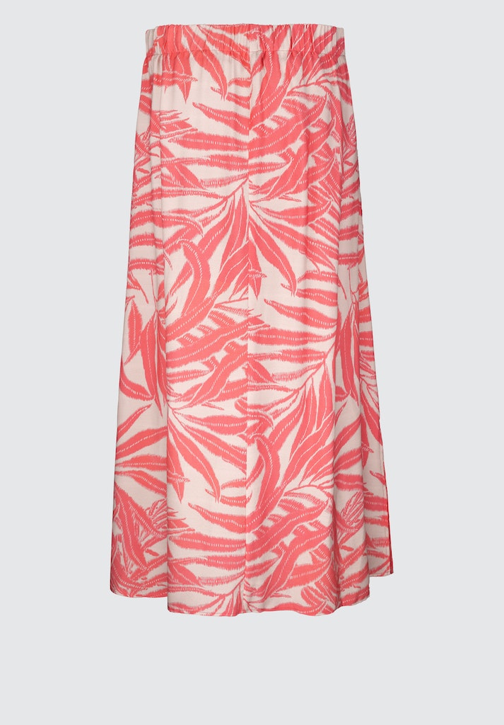 Bianca Emma Flared Skirt. A loose fitting midi skirt with elasticated waist, split hem and vibrant pink leaf print.