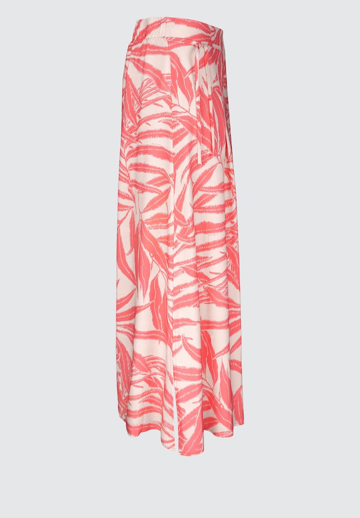 Bianca Emma Flared Skirt. A loose fitting midi skirt with elasticated waist, split hem and vibrant pink leaf print.