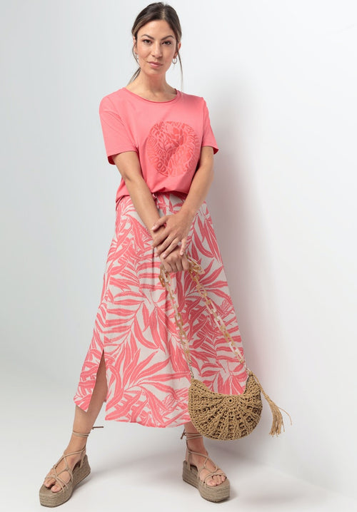 Bianca Emma Flared Skirt. A loose fitting midi skirt with elasticated waist, split hem and vibrant pink leaf print.