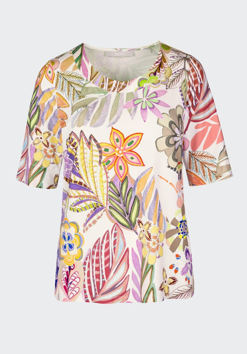 Bianca Edira Patterned Top. A relaxed fit, short sleeved top with round neck and multicoloured floral print.