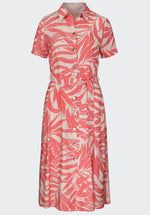 Bianca Heneika Button Through Dress. A midi length dress with short sleeves, button fastenings, collared neckline and belt detail. In a Pink leaf print.