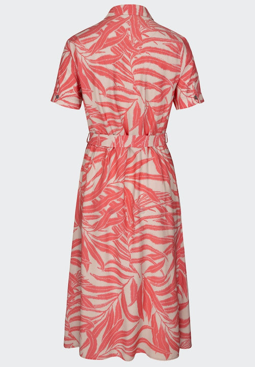 Bianca Heneika Button Through Dress. A midi length dress with short sleeves, button fastenings, collared neckline and belt detail. In a Pink leaf print.